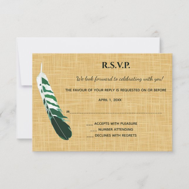 Editable Green Feather on Linen RSVP Card (Front)
