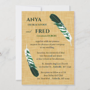 Editable Green Feather on Linen Wedding Invitation