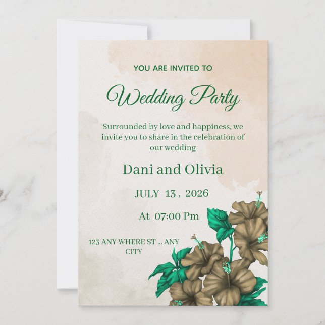 Editable Green Floral Wedding Party Invitation (Front)