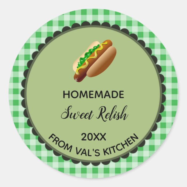 Editable Green Gingham Sweet Relish Label Stickers (Front)