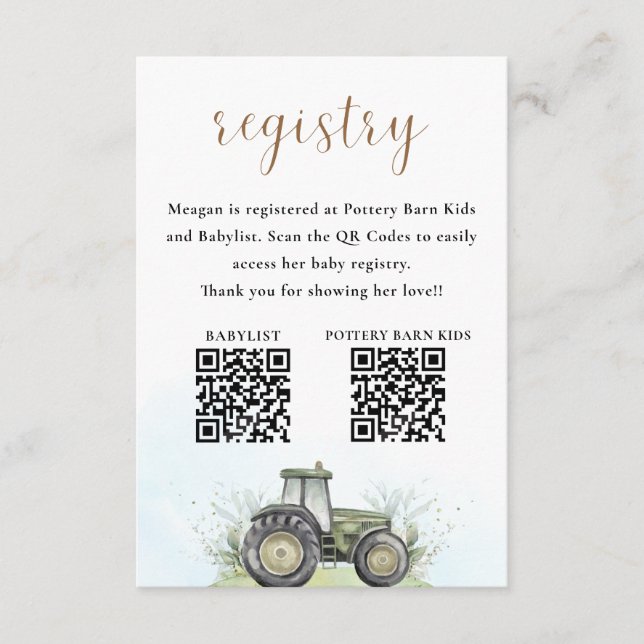 EDITABLE Green Tractor Baby Shower Registry Enclosure Card (Front)