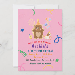 Editable Greenery Bear Birthday Invitation