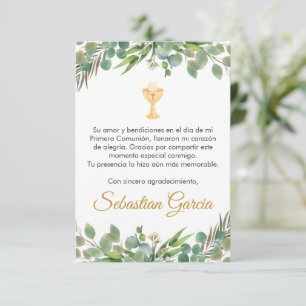 Editable Greenery First Communion in Spanish Cute Thank You Card