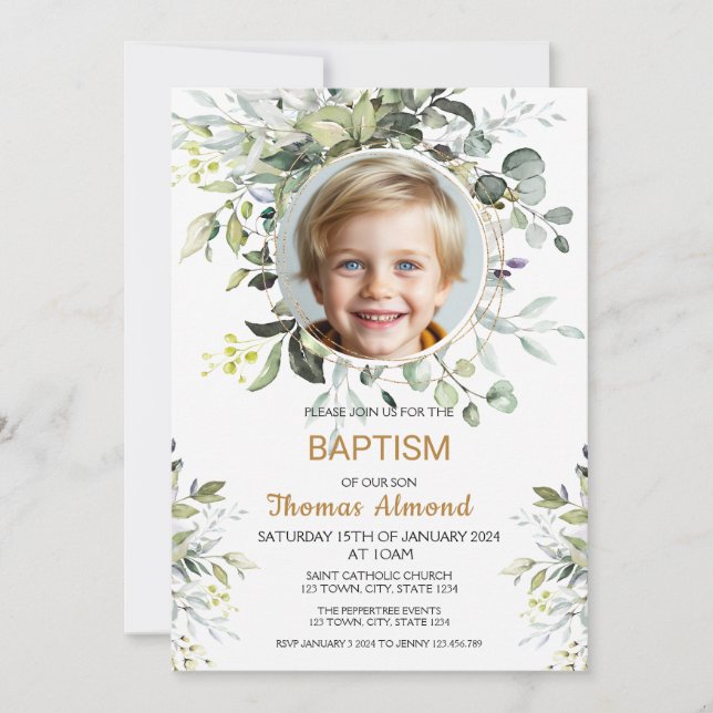 Editable Greenery Photo Baptism Invitation Boy (Front)