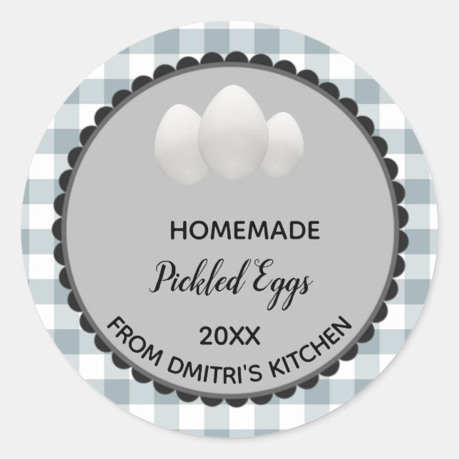 Editable Grey Gingham Pickled Eggs Label Stickers (Front)