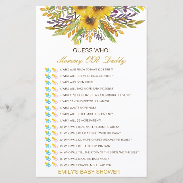Editable Guess Who, Mom or Dad Baby Shower Game (Front)