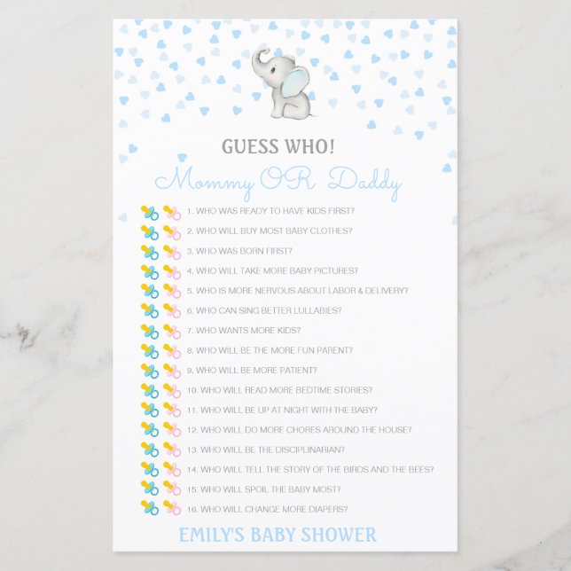 Editable Guess Who, Mom or Dad Baby Shower Game (Front)