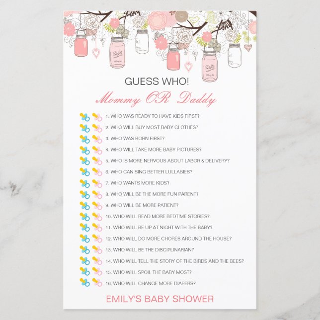 Editable Guess Who, Mom or Dad Baby Shower Game (Front)