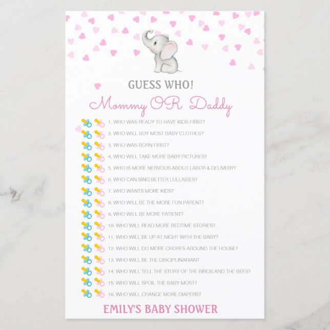 Editable Guess Who, Mom or Dad Baby Shower Game (Front)