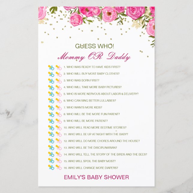 Editable Guess Who, Mom or Dad Baby Shower Game (Front)