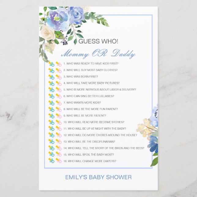 Editable Guess Who, Mom or Dad Baby Shower Game (Front)