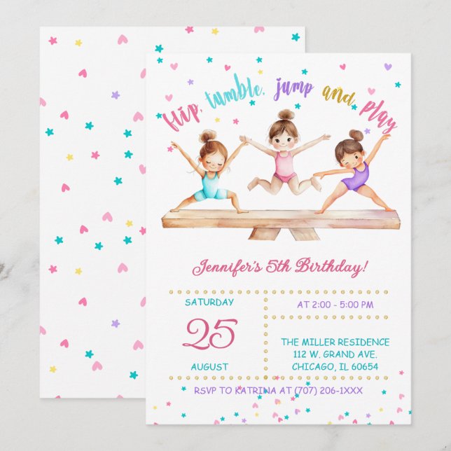 Editable Gymnastics Birthday Party Girls Invitation (Front/Back)