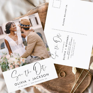 Editable Hand Lettered White Save the Date Photo Postcard