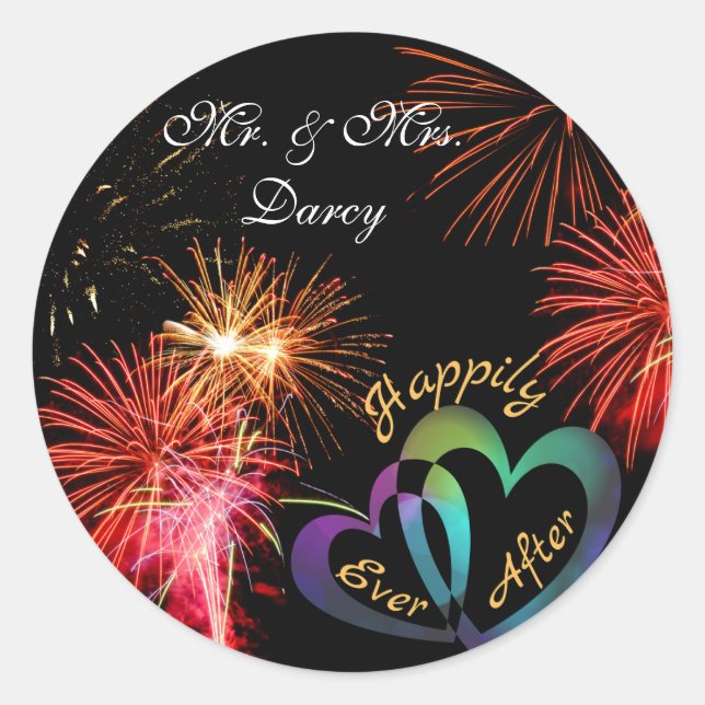 Editable - Happily Ever After with Fireworks Classic Round Sticker (Front)