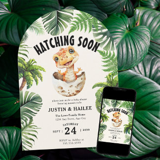 Editable Hatching Soon Dinosaur Baby Shower Invitation