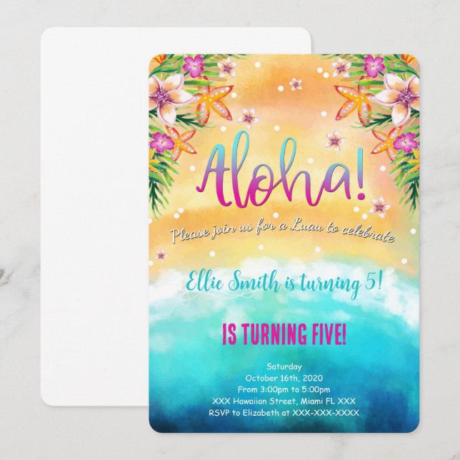 Editable Hawaiian Birthday Kids Invitation (Front/Back)