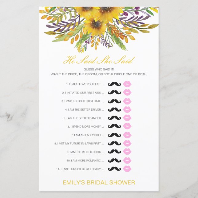 Editable He Said She Said Wedding Shower Game (Front)