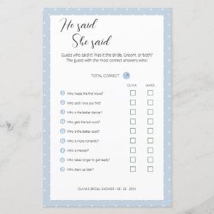 Editable He Said She Said Wedding Shower Game,
