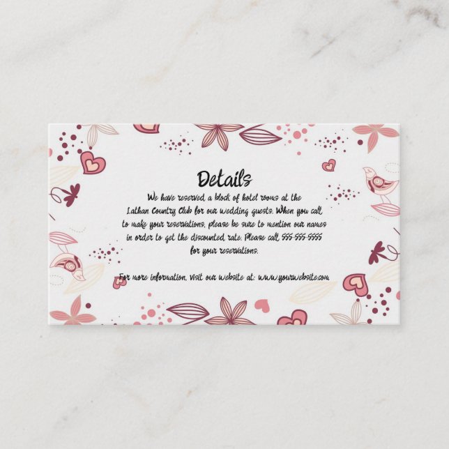 Editable Hearts and Flowers Details of the Wedding Enclosure Card (Front)