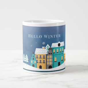Editable "Hello Winter" Night Village Scene Large Coffee Mug