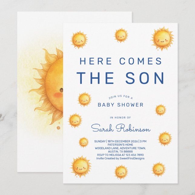 Editable Here Comes The Son Baby Shower Invitation (Front/Back)