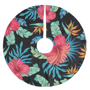 Editable hibiscus, vintage floral pattern brushed polyester tree skirt