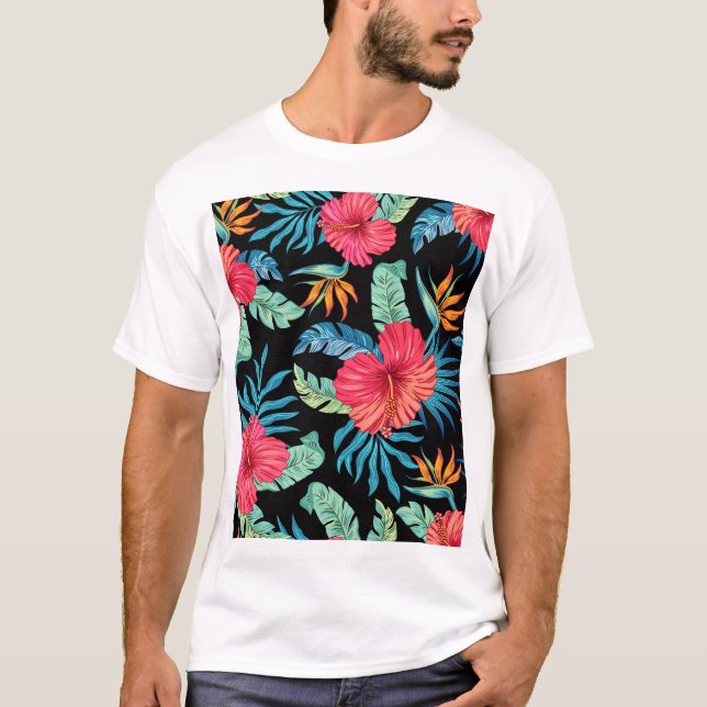 Editable hibiscus, vintage floral pattern T-Shirt (Front)