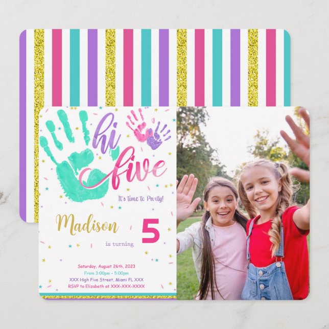 Editable High Five Birthday Photo Invitation (Front/Back)