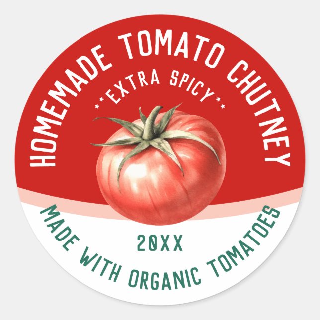 Editable Homemade Tomato Chutney with red tomato Classic Round Sticker (Front)
