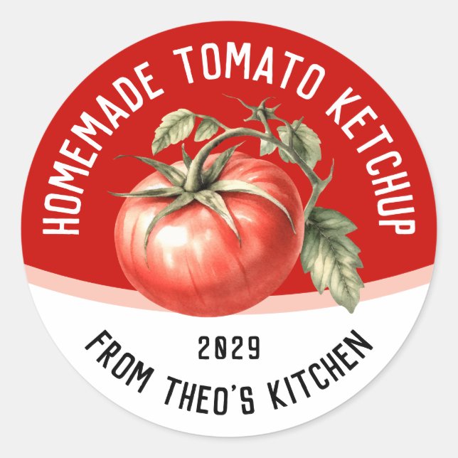 Editable Homemade Tomato Ketchup with red tomato Classic Round Sticker (Front)
