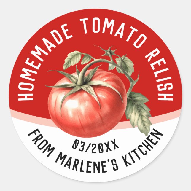 Editable homemade tomato relish with red tomato classic round sticker (Front)