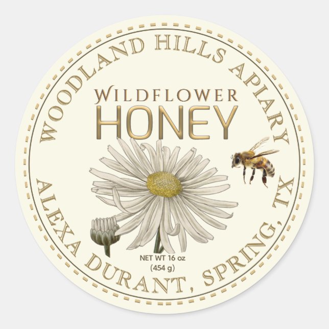 Editable Honey Jar Bee Fleur sauvage Étiquette Ivo (Devant)