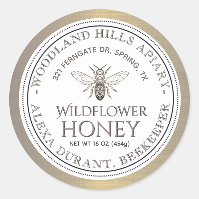 Editable Honey Jar Bee Wildflower Honey Gold Label (Front)