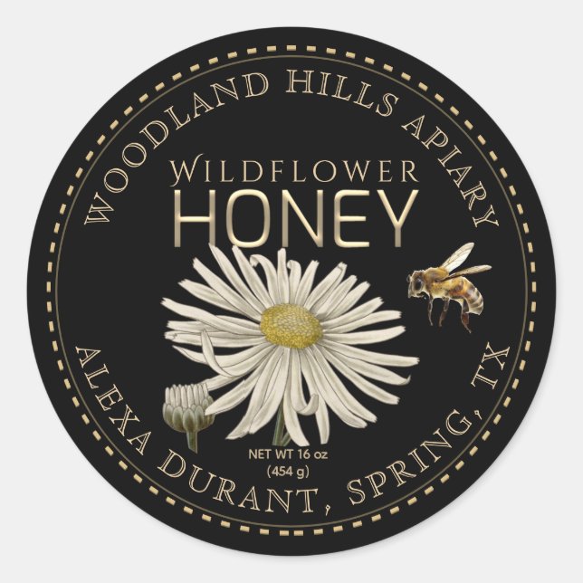 Editable Honey Jar Bee Wildflower Label Black (Front)