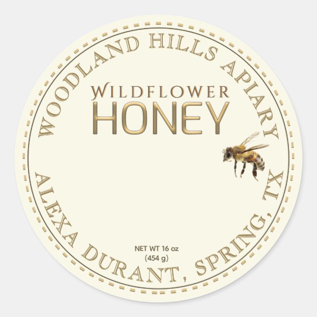 Editable Honey Jar Bee Wildflower Label Ivory (Front)