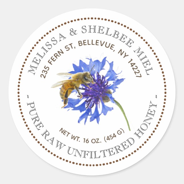 Editable Honey Product Blue Flower Bee Label (Front)