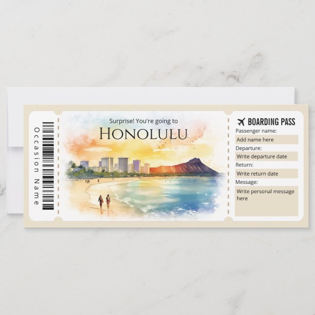 Editable Honolulu Boarding Pass Plane ticket  Invitation (Front)