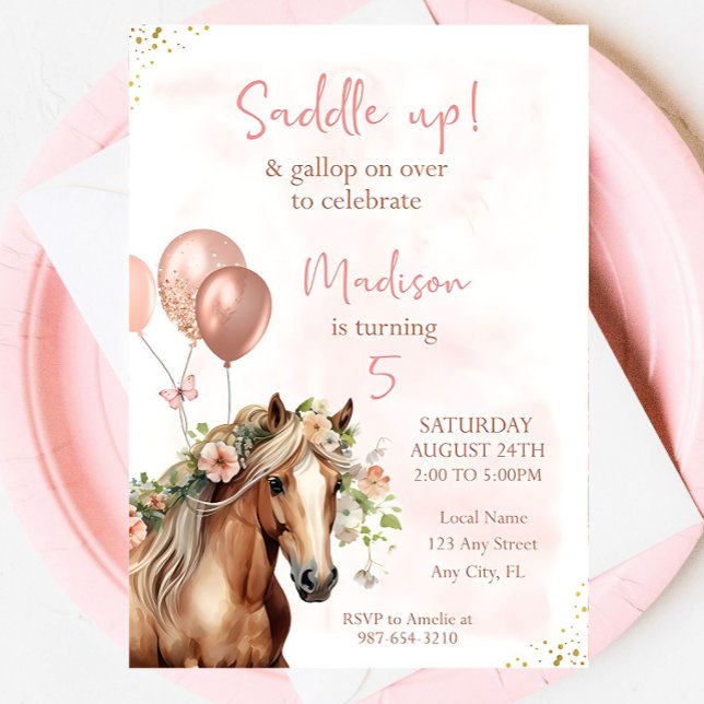 Editable Horse Birthday Floral Invitation Girl Sad (Creator Uploaded)