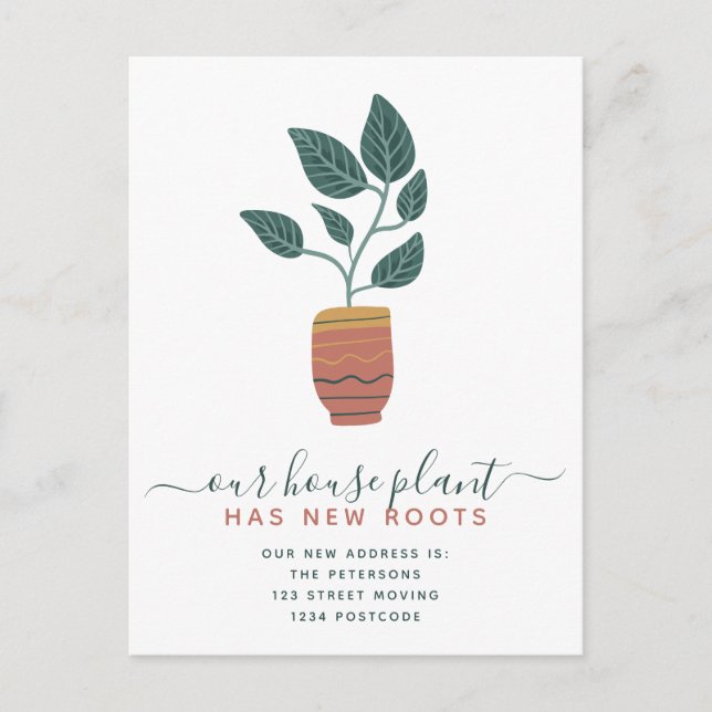 Editable house plant retro boho script moving announcement postcard (Front)
