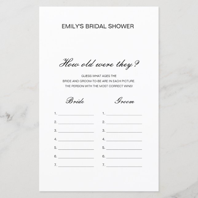 Editable How old were they? Bridal Shower Game (Front)
