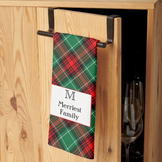 Editable Initial andl Name Green Red Holiday Plaid Kitchen Towel (Thirds Fold)