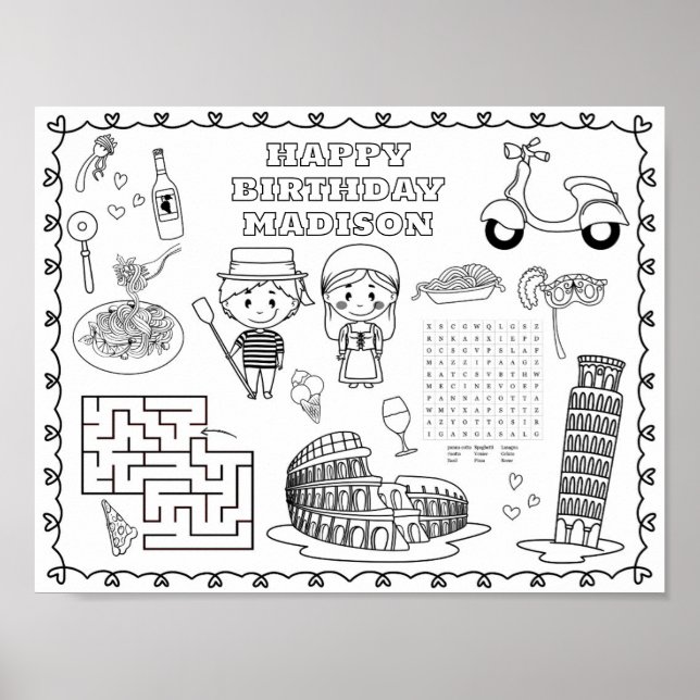 Editable italia Birthday colouring mat  Poster (Front)