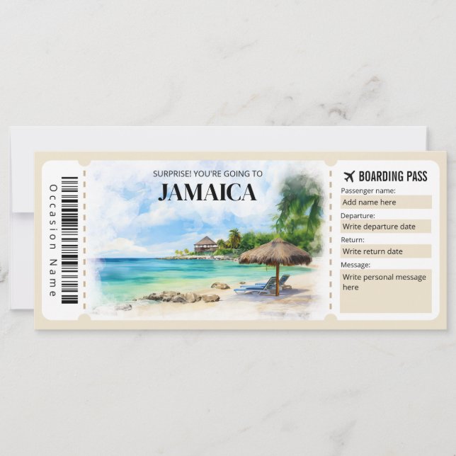 Editable Jamaica Boarding Pass Plane ticket Invitation (Front)
