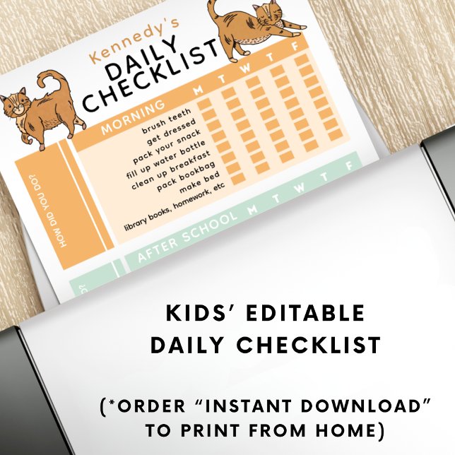 Editable Kids Daily Task Chore Checklist Printable Poster (Creator Uploaded)