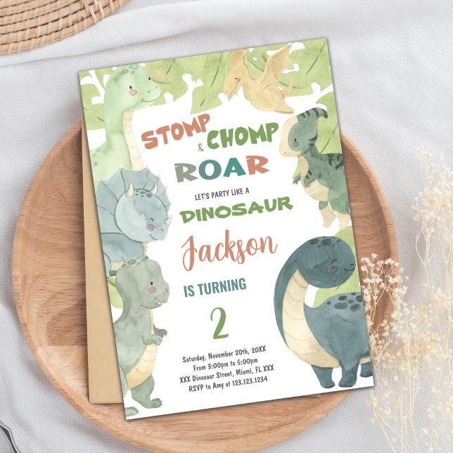 Editable Kids Party Card with Cute T-Rex (Dinosaur Birthday Cards)