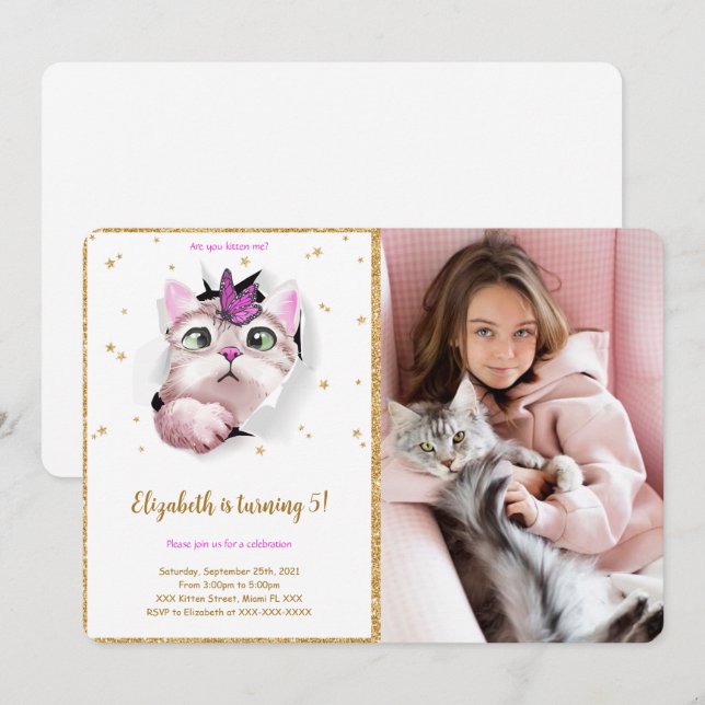 Editable Kitten Anniversaire Photo Invitation (Devant / Derrière)