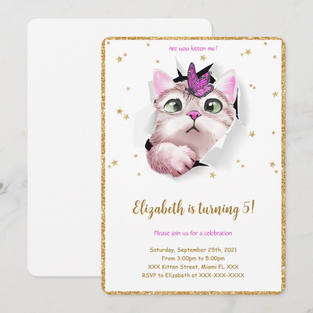 Editable Kitten Invitation d'anniversaire (Devant / Derrière)