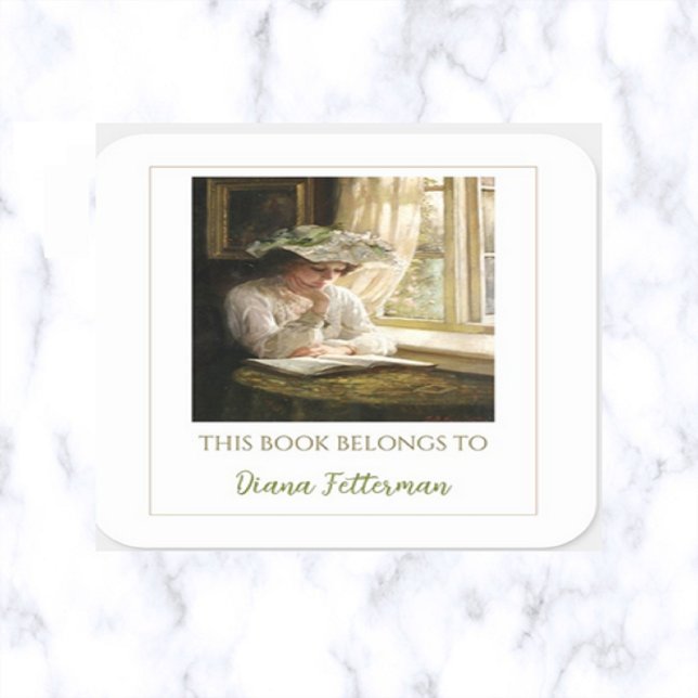 Editable Lady Reading By A Window Bookplate Square Sticker (Creator Uploaded)