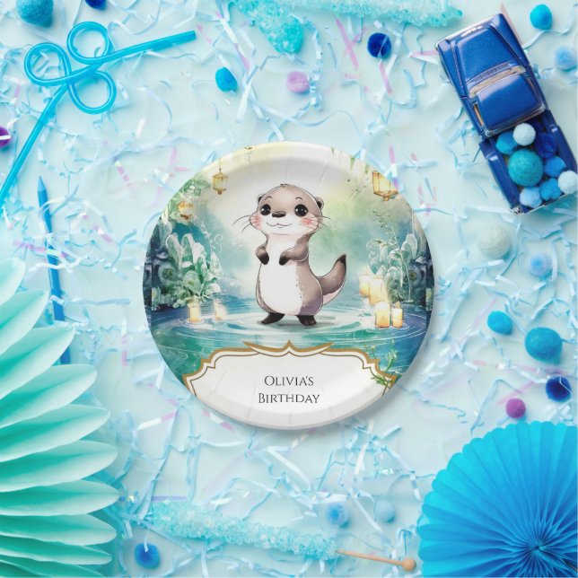 Editable Lake Otter Birthday Paper Plate (Party)