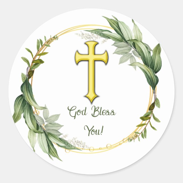 Editable Leaf Wreath and Cross God Bless You Classic Round Sticker (Front)